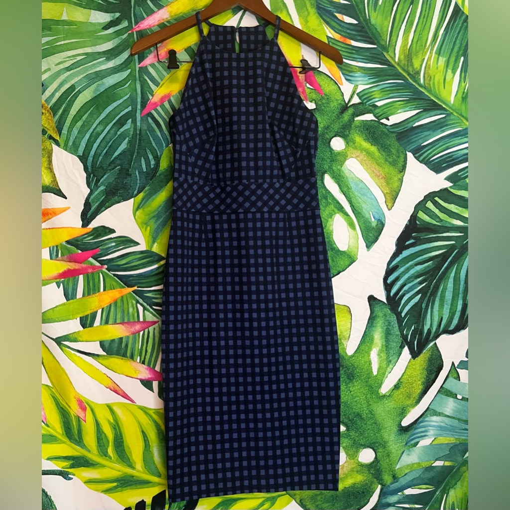 Nwt $128 Banana Republic 0 Blue Grid Halter Slim Fit Denim Sheath Fitted Dress